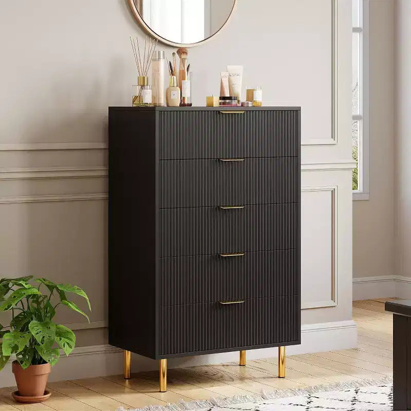 Commode à 5 tiroirs moderne en bois et meuble de rangement double