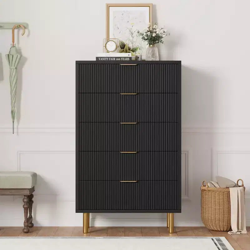 Commode à 5 tiroirs moderne en bois et meuble de rangement double