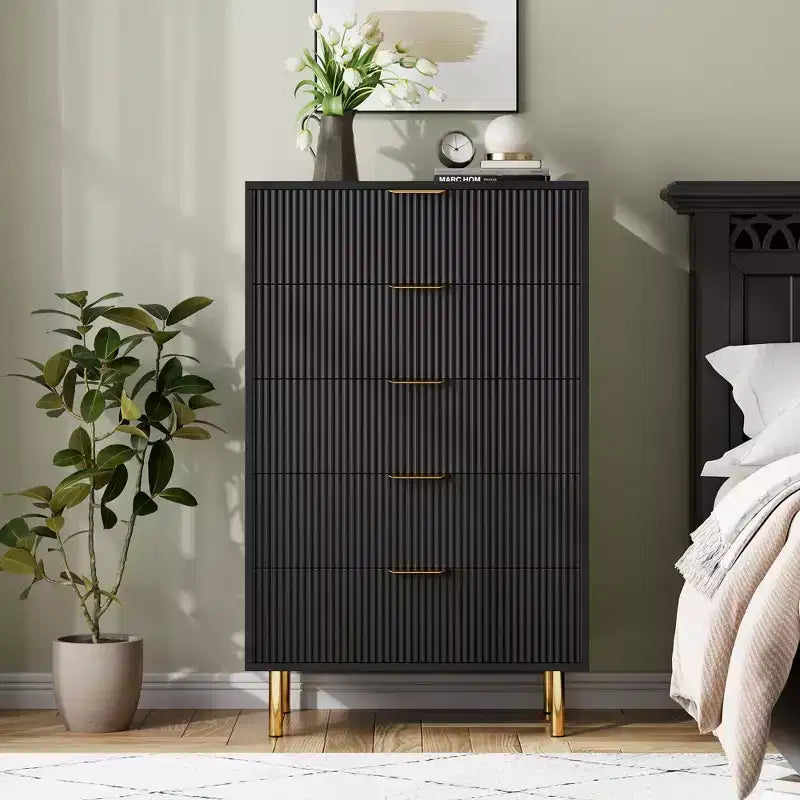 Modern 5 Drawer Dresser for Bedroom with Wood Double Chest of Drawers and Storage Organizer Gold Handle and Large Drawer; r for Living Room; Hallway