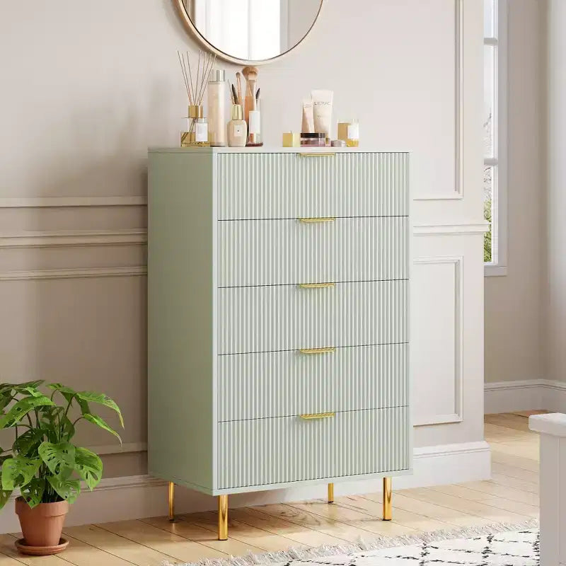 Commode à 5 tiroirs moderne en bois et meuble de rangement double