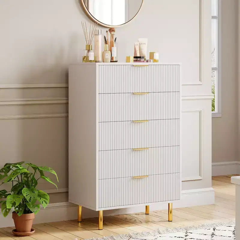 Commode à 5 tiroirs moderne en bois et meuble de rangement double