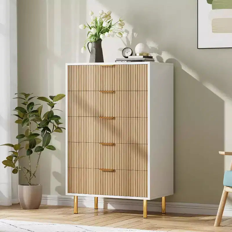 Commode à 5 tiroirs moderne en bois et meuble de rangement double