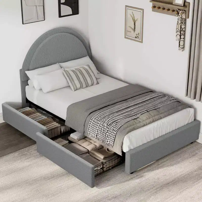 Twin Size Boucle Bed Frame with 2 Storage Drawers; Soft Upholstered Platform Bed Frame with Round Headboard; Wooden Slats; No Box Spring Needed
