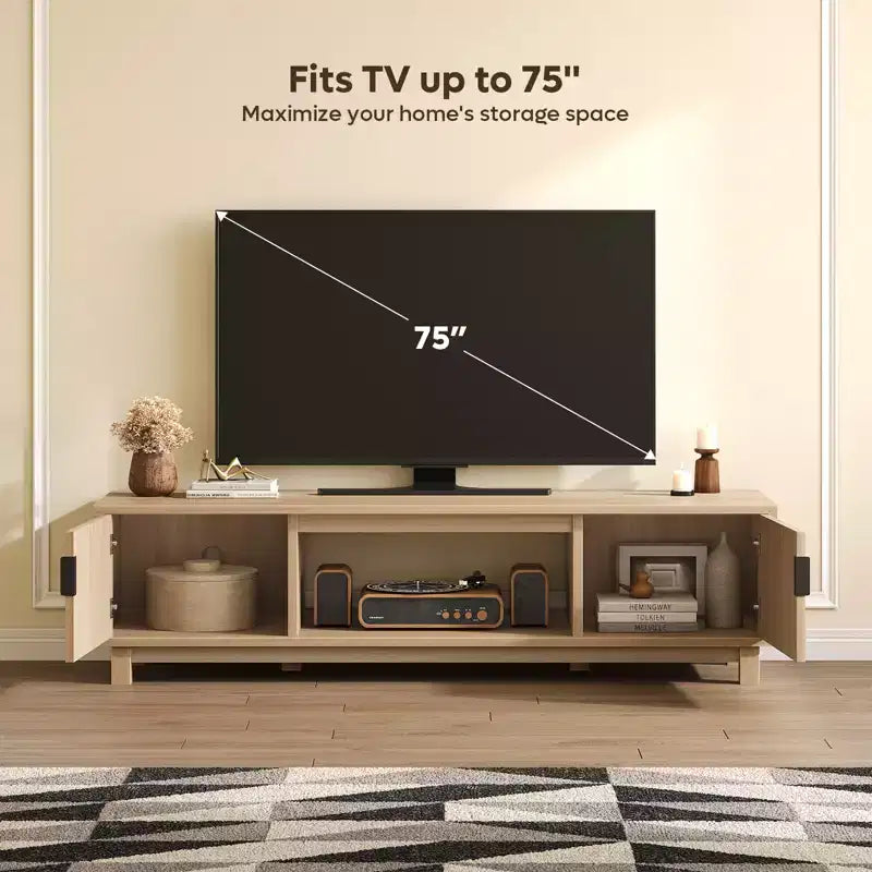 Meuble TV moderne avec 2 armoires et une étagère centrale ouverte