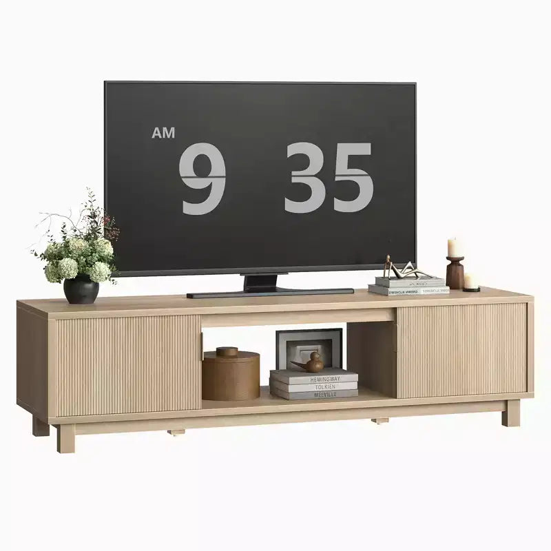 Meuble TV moderne avec 2 armoires et une étagère centrale ouverte