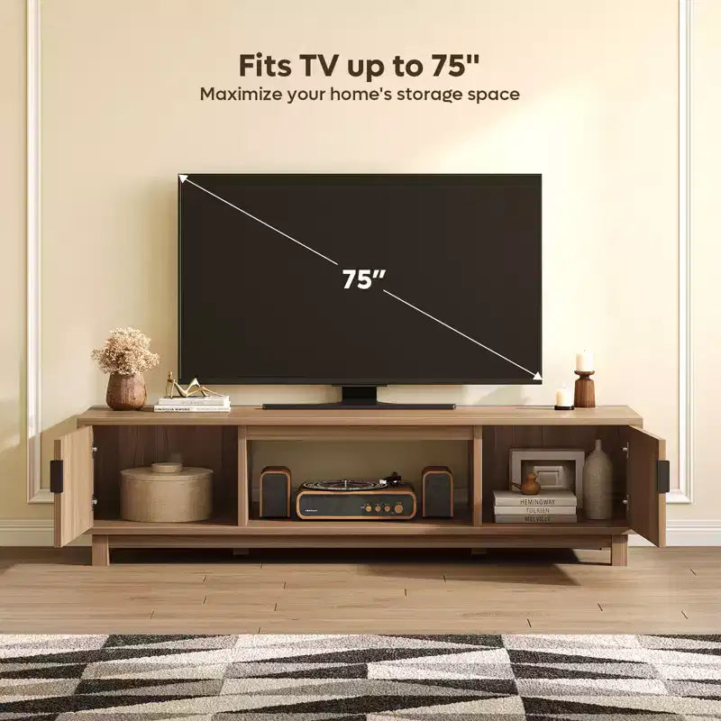 Meuble TV moderne avec 2 armoires et une étagère centrale ouverte