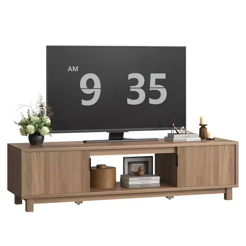 Meuble TV moderne avec 2 armoires et une étagère centrale ouverte