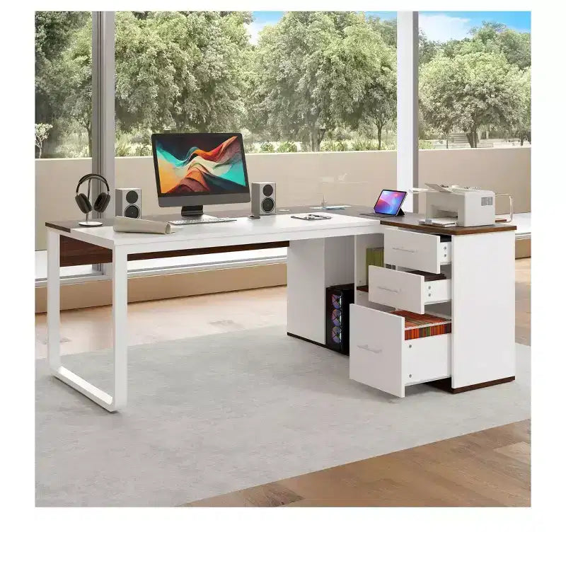 71inch L Shaped Desk with Drawers Executive Desk With File Cabinet; Corner Office Desk with Bookshelf For Home Office White & Walnut