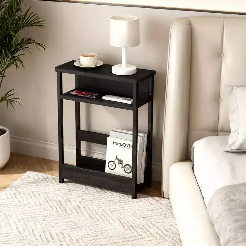 COZONY Narrow Side Table with 3-Tier Storage Shelf & Magazine Rack; Slim End Table for Small Spaces; Modern Skinny Bedside Nightstand for Living Room
