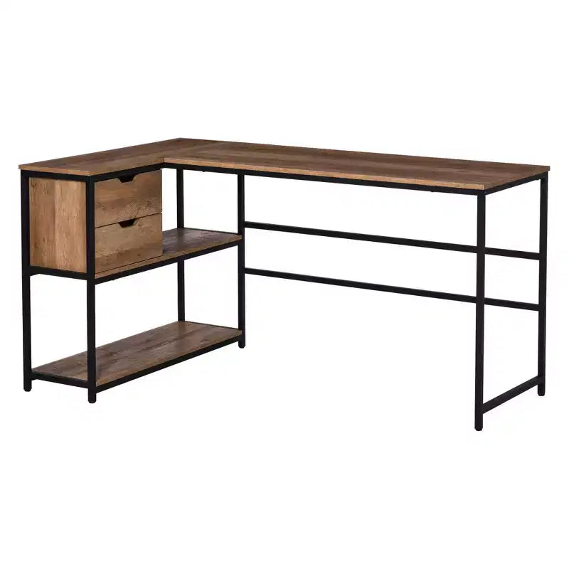 L-Shaped Home Offie Computer Desk with Storage Shelves; 2 Dawers and Industrial Steel Frame