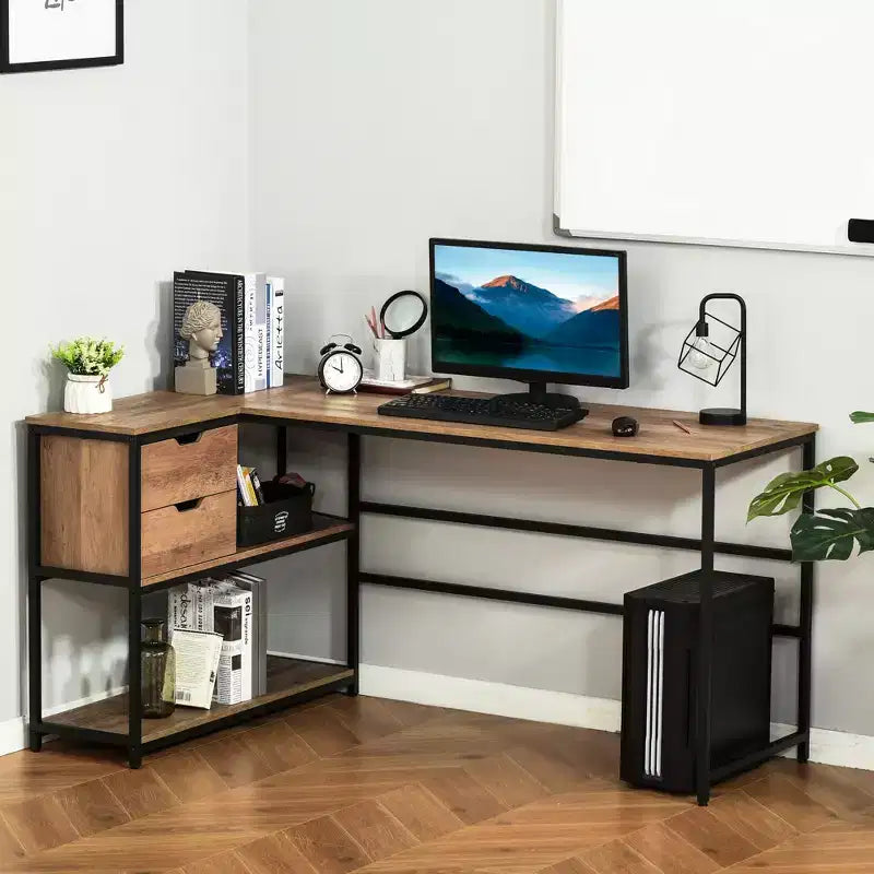 Bureau d'angle informatique en L avec étagères de rangement