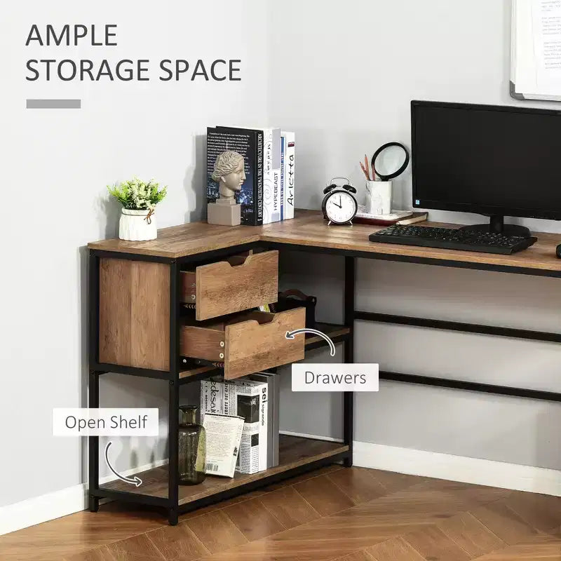 Bureau d'angle informatique en L avec étagères de rangement