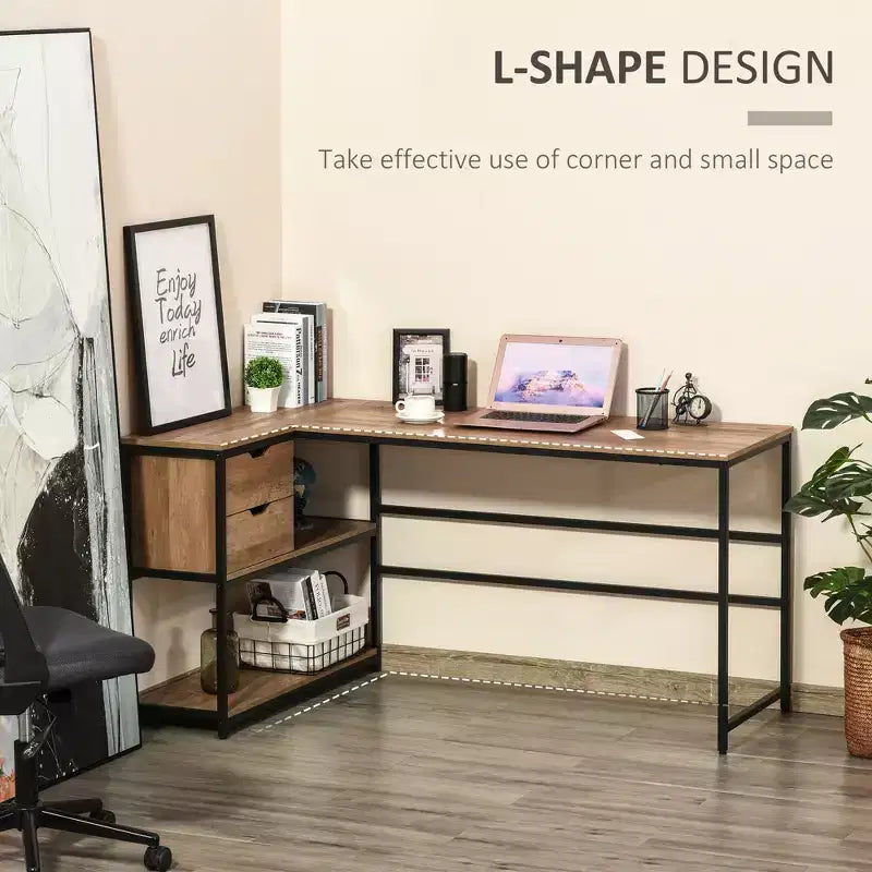 Bureau d'angle informatique en L avec étagères de rangement