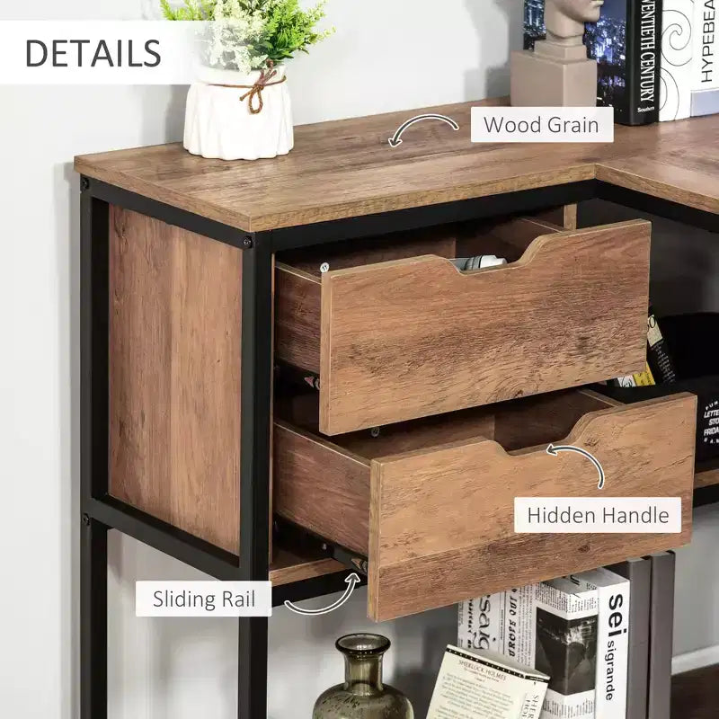 Bureau d'angle informatique en L avec étagères de rangement