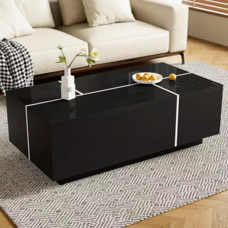 Modern Center Coffee Table with High-Gloss Finish; Extendable Coffee Table with 2 Storage Spaces and 2 Drawers for Living Room - Panipeachy