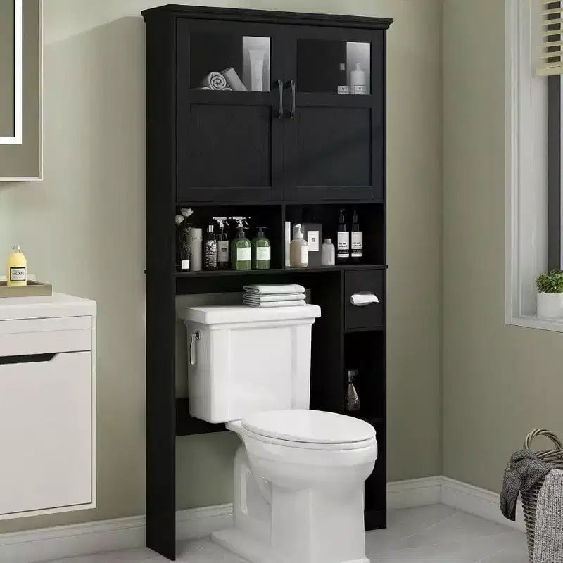 Over Toilet Storage Cabinet with Double Doors Toilet Paper Holder Stand; Freestanding Black Shelf Space Saver with Anti