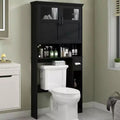 Over Toilet Storage Cabinet with Double Doors Toilet Paper Holder Stand; Freestanding Black Shelf Space Saver with Anti
