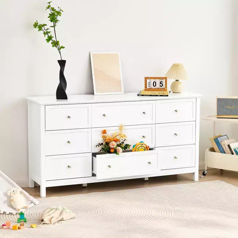 Commode à 9 tiroirs ; Commode en bois avec dispositif coulissant et anti-basculement