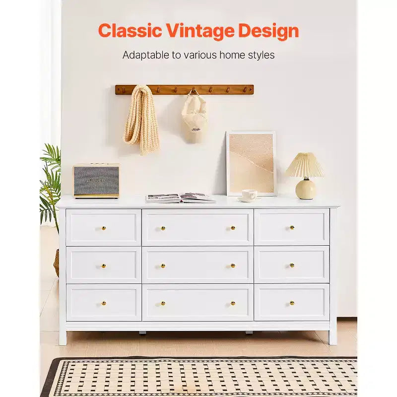 Commode à 9 tiroirs ; Commode en bois avec dispositif coulissant et anti-basculement