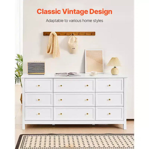 Commode à 9 tiroirs ; Commode en bois avec dispositif coulissant et anti-basculement