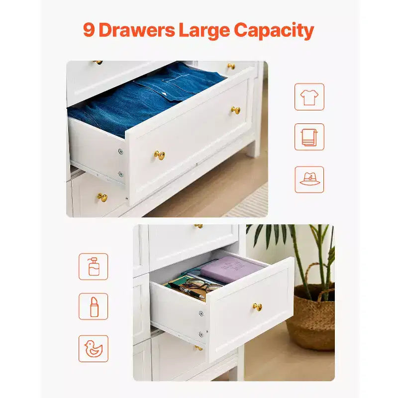 Commode à 9 tiroirs ; Commode en bois avec dispositif coulissant et anti-basculement