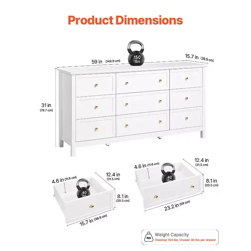 Commode à 9 tiroirs ; Commode en bois avec dispositif coulissant et anti-basculement