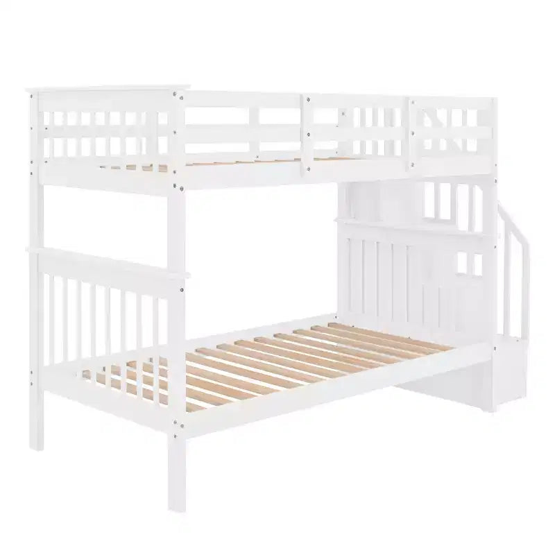 Whisen Twin-Over-Twin Bunk Bed & Bed Frame with Stairway; Storage and Guard Rail