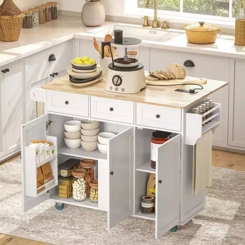 Îlot de cuisine sur roulettes avec station de recharge ; Chariot de cuisine roulant avec plateau en bois