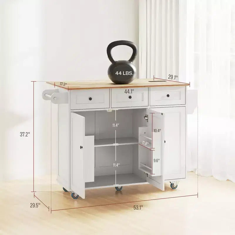 Îlot de cuisine sur roulettes avec station de recharge ; Chariot de cuisine roulant avec plateau en bois
