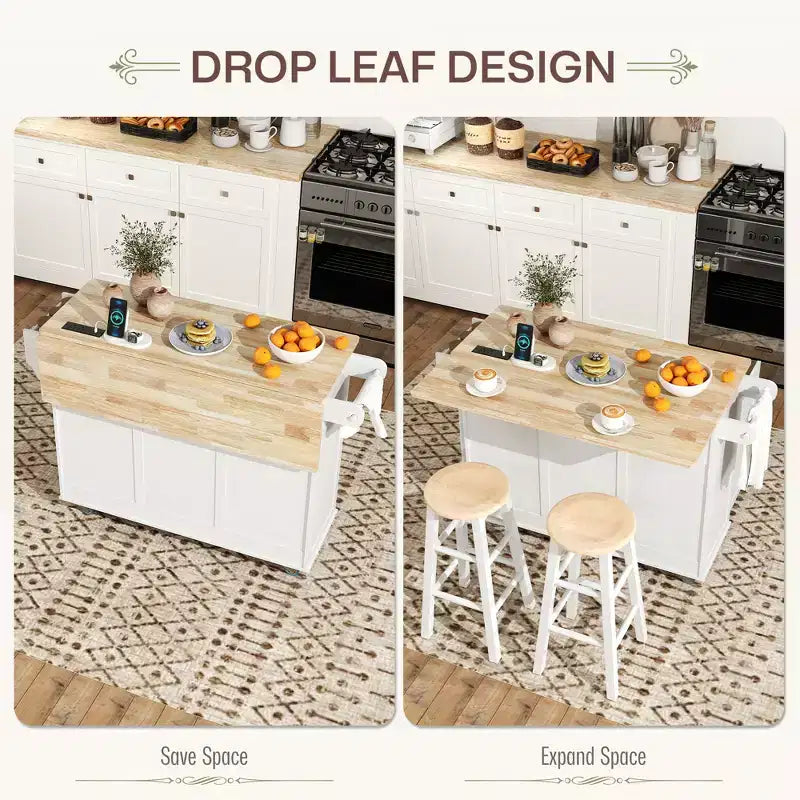 Îlot de cuisine sur roulettes avec station de recharge ; Chariot de cuisine roulant avec plateau en bois