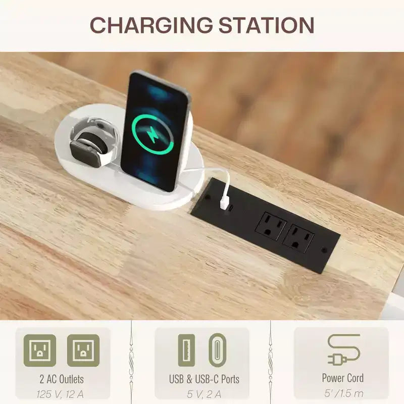 Îlot de cuisine sur roulettes avec station de recharge ; Chariot de cuisine roulant avec plateau en bois