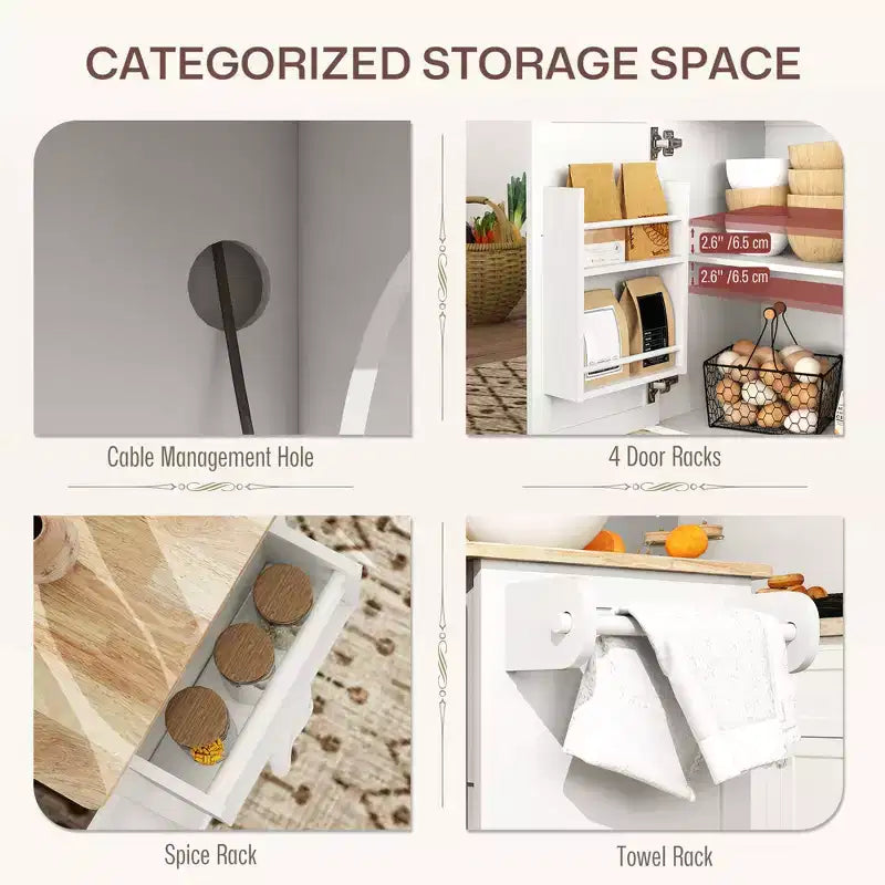 Îlot de cuisine sur roulettes avec station de recharge ; Chariot de cuisine roulant avec plateau en bois