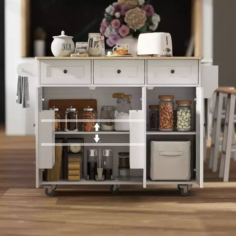 Îlot de cuisine sur roulettes avec station de recharge ; Chariot de cuisine roulant avec plateau en bois
