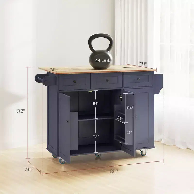 Îlot de cuisine sur roulettes avec station de recharge ; Chariot de cuisine roulant avec plateau en bois