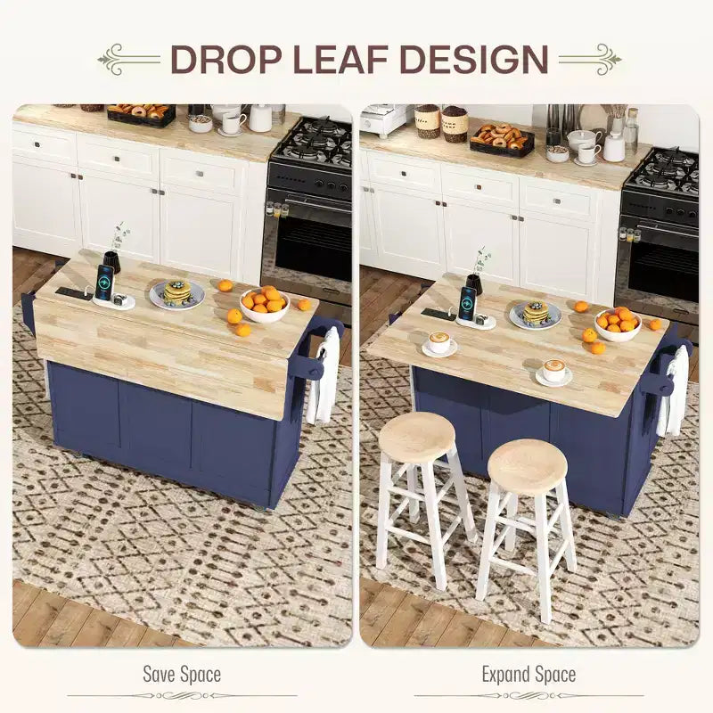 Îlot de cuisine sur roulettes avec station de recharge ; Chariot de cuisine roulant avec plateau en bois