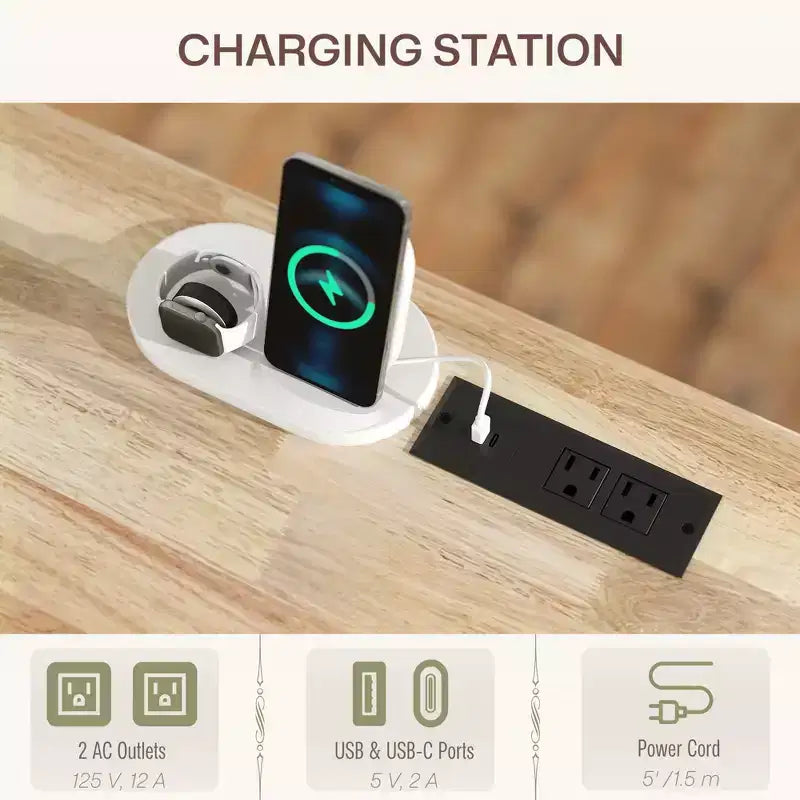Îlot de cuisine sur roulettes avec station de recharge ; Chariot de cuisine roulant avec plateau en bois