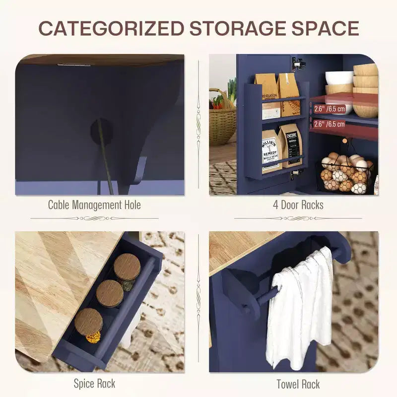 Îlot de cuisine sur roulettes avec station de recharge ; Chariot de cuisine roulant avec plateau en bois
