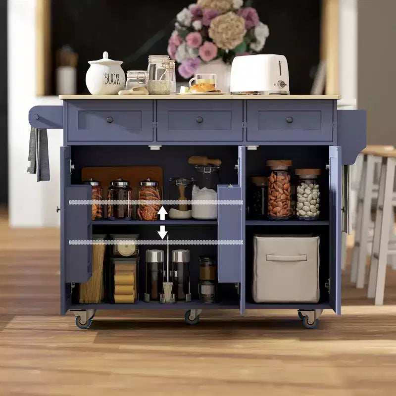 Îlot de cuisine sur roulettes avec station de recharge ; Chariot de cuisine roulant avec plateau en bois