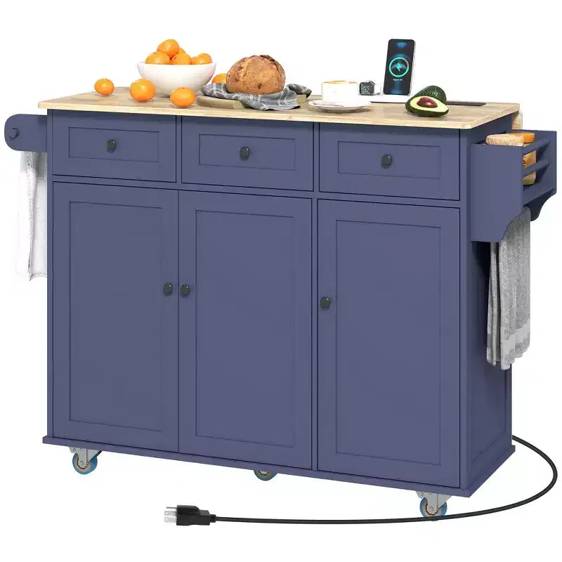 Kitchen Island on Wheels with Drop Leaf; Charging Station; Rolling Kitchen Cart with Wood Top; Adjustable Shelf