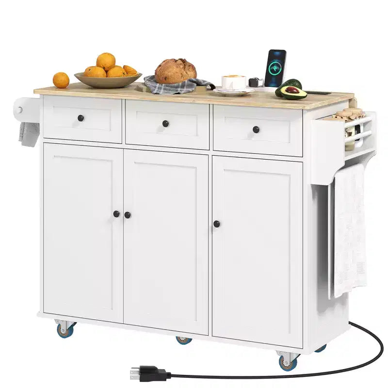 Îlot de cuisine sur roulettes avec station de recharge ; Chariot de cuisine roulant avec plateau en bois