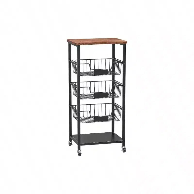 Kitchen Storage Cart with 5 - Tier Baskets; Wood Top; Rolling Snack Cart; Metal Black; Easy to Move; Durable Storage Solution