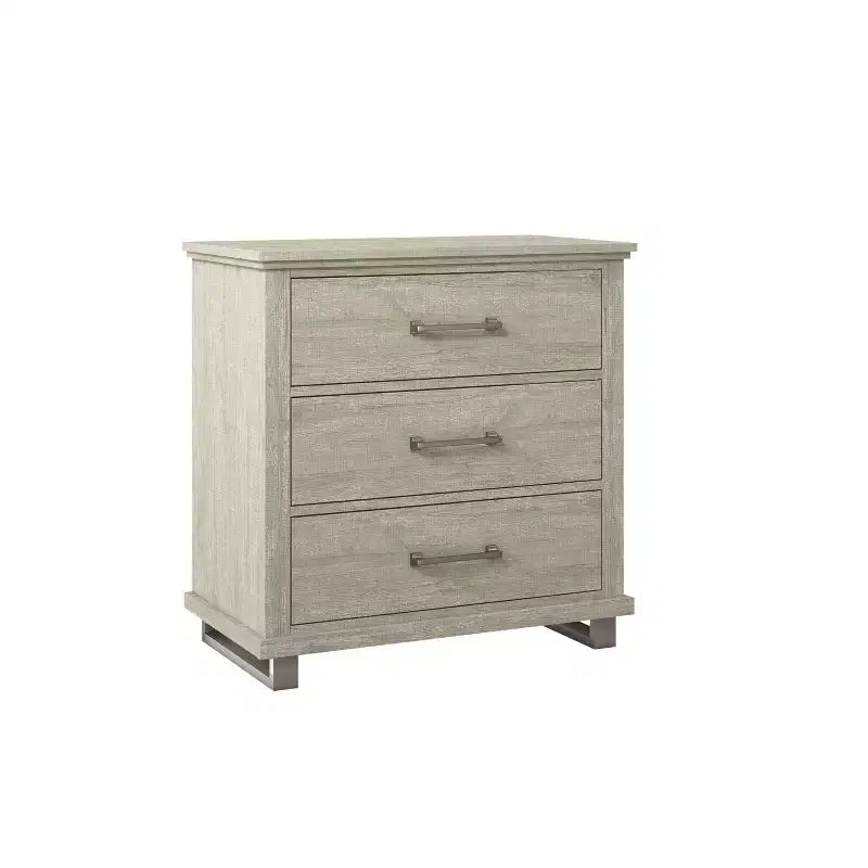 Table de chevet beige au design moderne ; 3 tiroirs ; pieds en métal