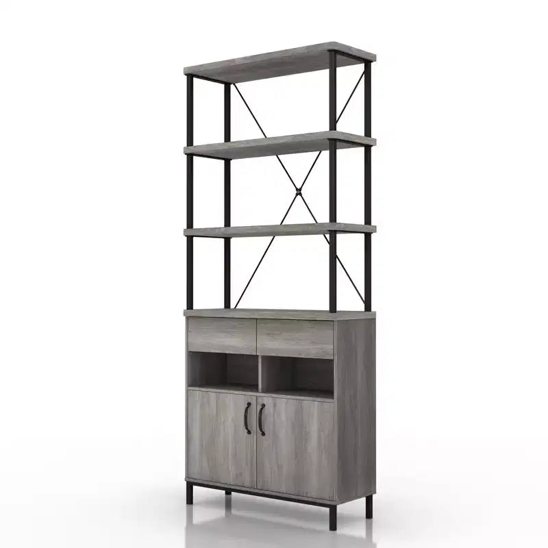 73.6" Skamania Rustic Bookcase with Storage; Metal Frame - miBasics: Industrial Design; Enclosed Cabinet