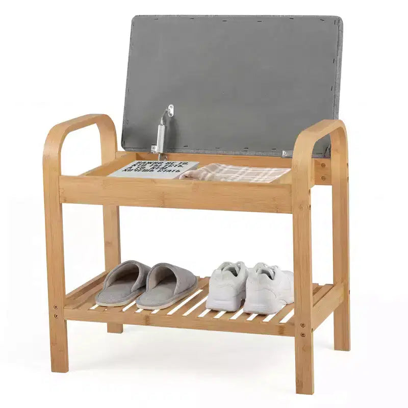 Banc Porte-Chaussures en Bambou avec Étagère et Siège Rembourré