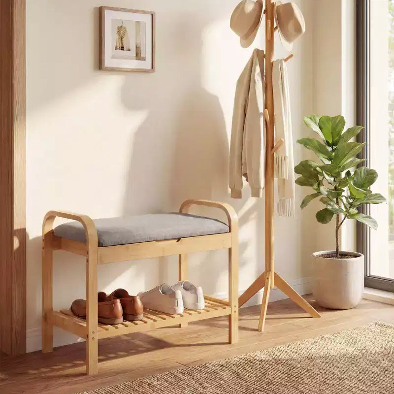 Banc Porte-Chaussures en Bambou avec Étagère et Siège Rembourré