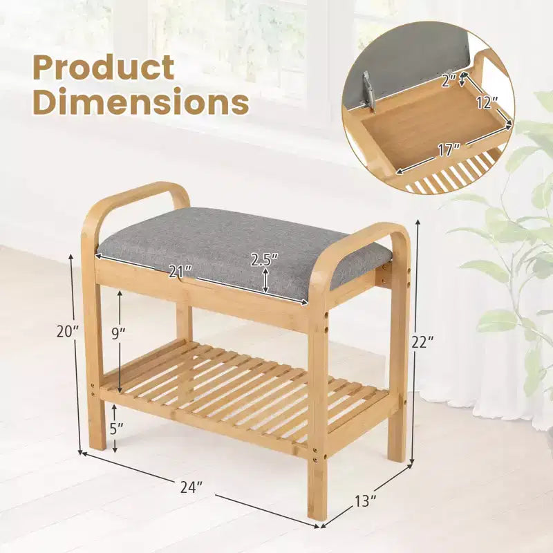 Banc Porte-Chaussures en Bambou avec Étagère et Siège Rembourré