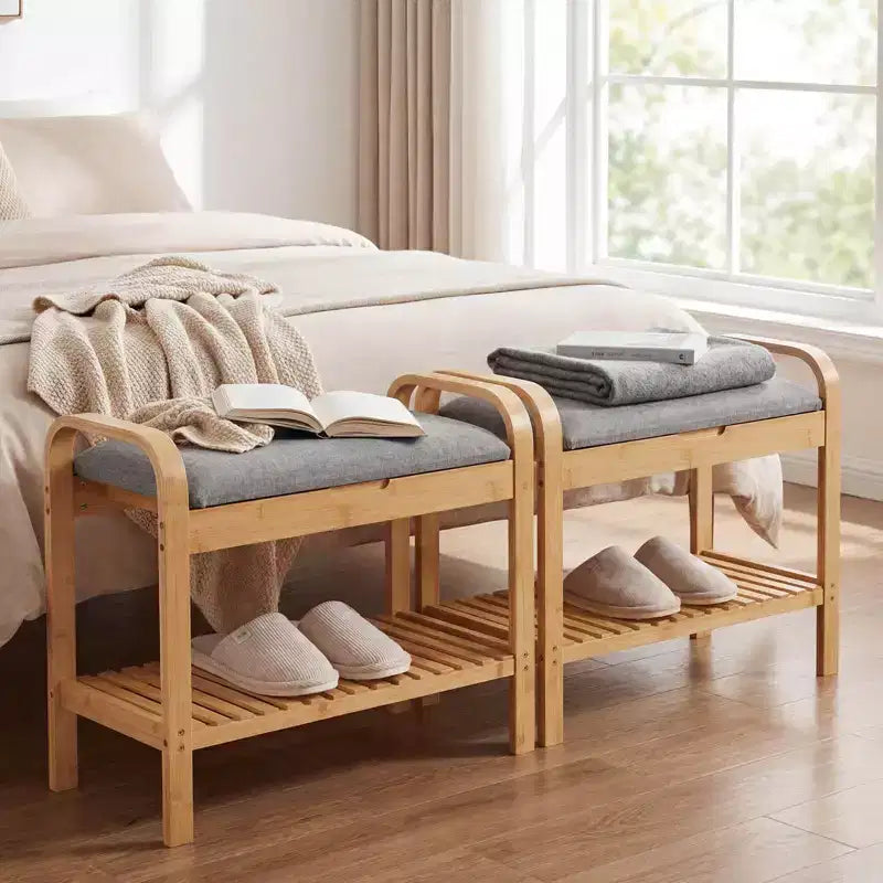 Banc Porte-Chaussures en Bambou avec Étagère et Siège Rembourré