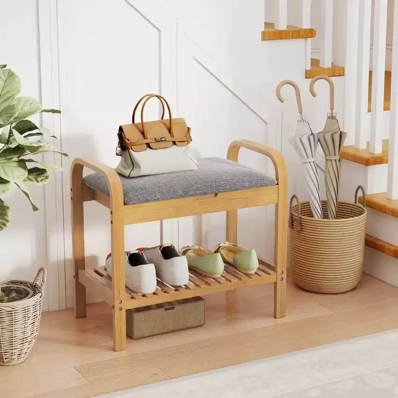 Banc Porte-Chaussures en Bambou avec Étagère et Siège Rembourré