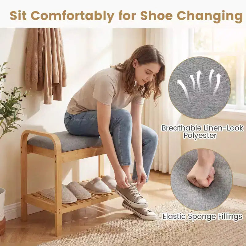 Banc Porte-Chaussures en Bambou avec Étagère et Siège Rembourré