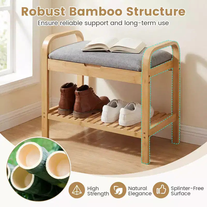 Banc Porte-Chaussures en Bambou avec Étagère et Siège Rembourré